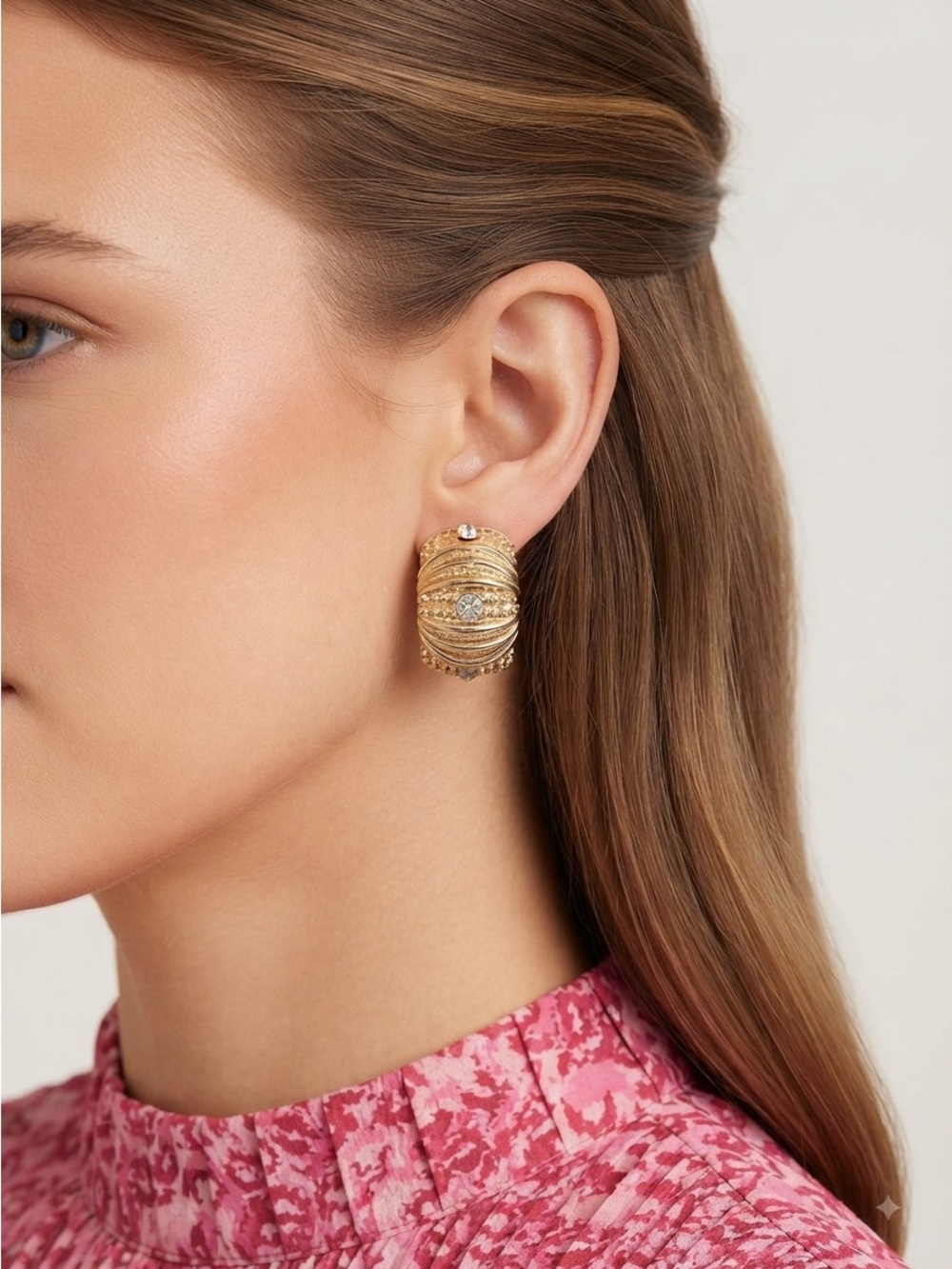 Vintage 80s Gold Dome Earrings | Ribbed Rhinestone Statement - Picture 11 of 14